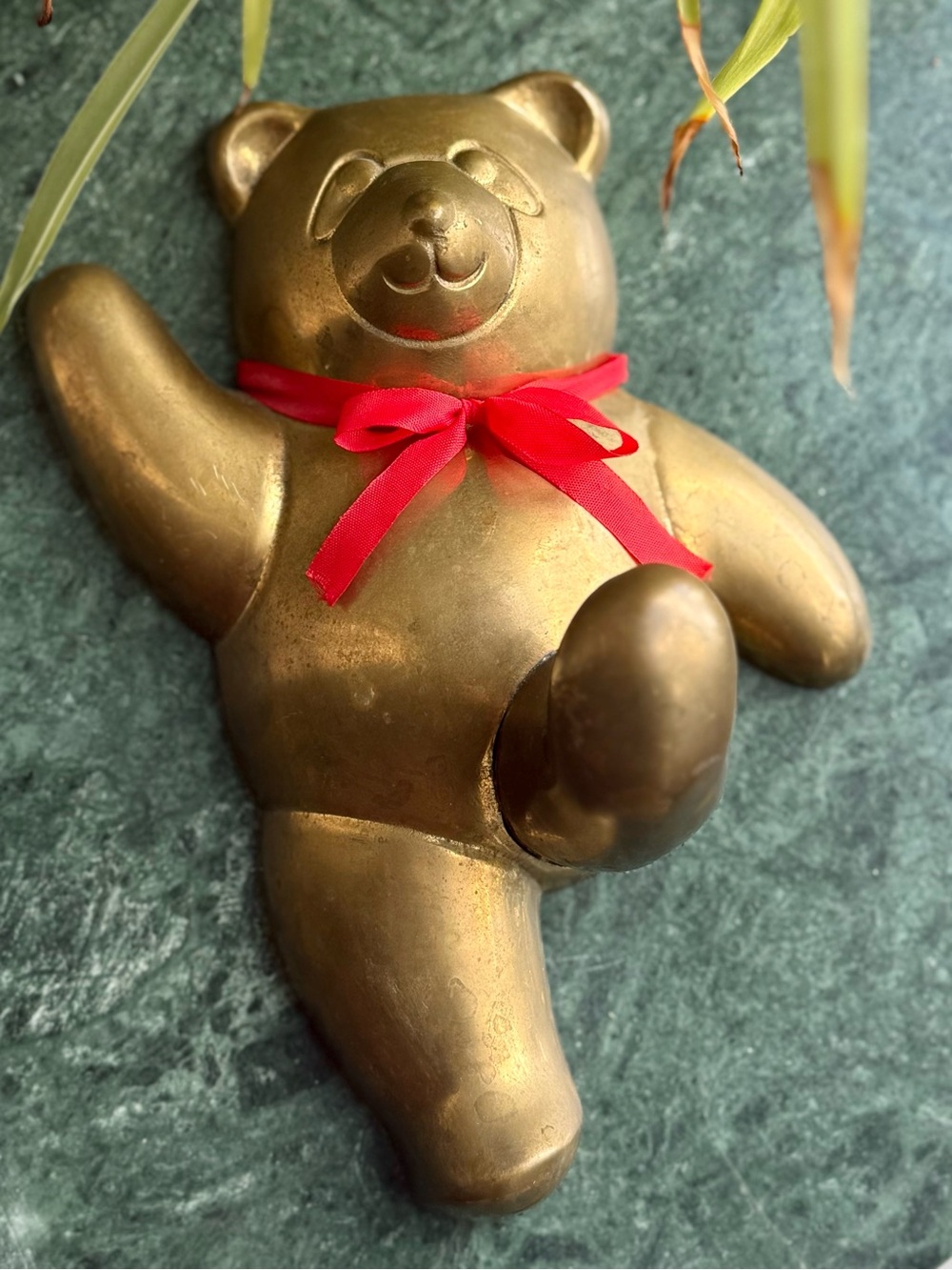 Vintage Gold Teddy Bear Wall Hook with Red Bow